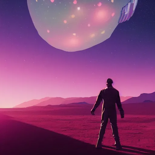 Image similar to realistic man standing in high desert, cyberpunk, digital art, trending on artstation, neon, desert, stars, vaporwave, retrowave, synthpop, 1 9 8 0 s, colorful, glowing, purple