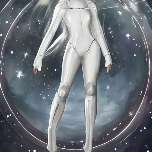 Image similar to beautiful white haired woman dressed in see through space suit in the style of zezhou chen highly detailed, smooth, sharp focus