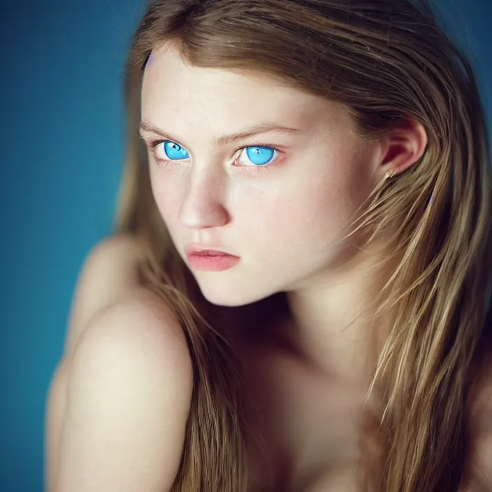 Image similar to Kodak Portra 400, 8K, highly detailed, britt marling style 3/4 extreme closeup portrait of a extremely beautiful girl with blue eyes and light brown hair, clear eyes, four fingers maximum, high light on the left, non-illuminated backdrop, illuminated by a dramatic light, Low key lighting, High constrast, dramatic , Nina Masic, dark background, high quality, photo-realistic, 8K