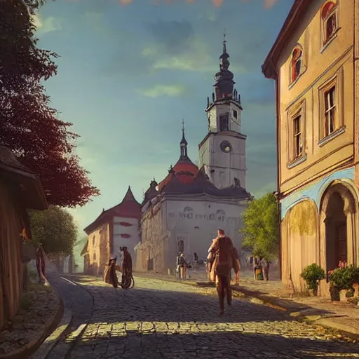 Prompt: a beautiful hyper realistic photo of banska stiavnica in summer with old houses and trees in sunset, sky, people walking on street, unreal engine, by greg rutkowski and james gurney, artstation