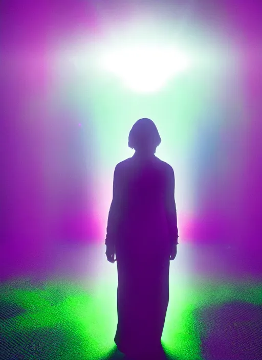 Prompt: a symmetrical female silhouette walking, astral projection, green purple glowing aura, out of body experience, film grain, cinematic lighting, experimental film