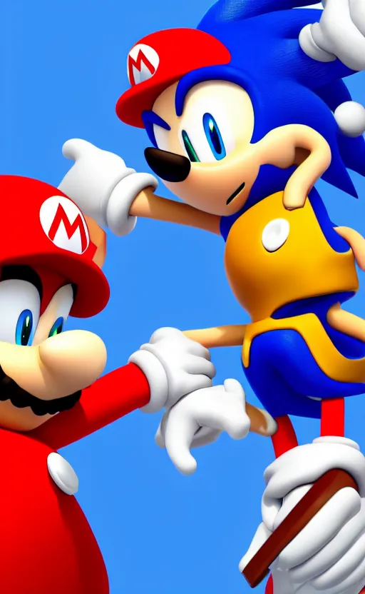 Prompt: a 3 d render of sonic hugging mario