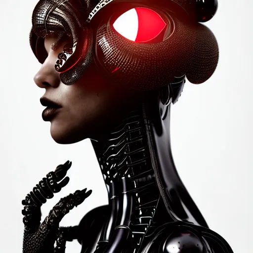 Prompt: portrait of an absurdly beautiful, graceful, sophisticated, fashionable black cyberpunk mechanoid gravure idol, hyperdetailed illustration by irakli nadar, matt wisniewski style, intricate linework, fashion photography, dark black porcelain skin, jellyfish headdress, brown eyes, unreal engine 5 highly rendered, red light, detailed and intricate environment