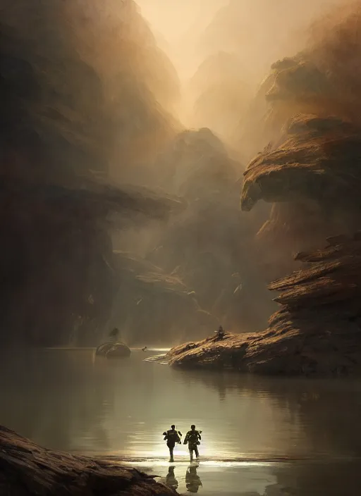 Image similar to Two soldiers trying to walk inside a lake, Battlefield 1, extremely detailed digital painting, in the style of Fenghua Zhong and Ruan Jia and jeremy lipking and Peter Mohrbacher, mystical colors, rim light, beautiful Lighting, 8k, stunning scene, raytracing, octane, trending on artstation