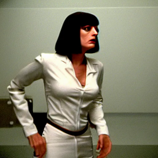 Image similar to movie still of robot mia wallace, cinematic composition, cinematic light, criterion collection, by edgar wright
