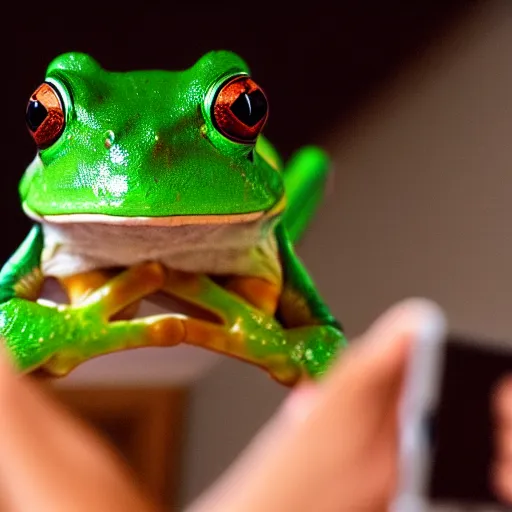 Prompt: green tree frog with a tiara taking a selfie on a fashion show