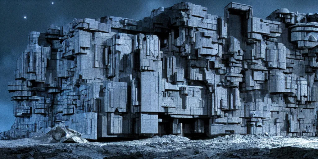 Image similar to sci - fi luxury building block, building near a mining cave on a desolate mining planet, dark and beige atmosphere, 1 9 8 0 s science fiction film screenshot, film still, dark science fiction, ridley scott