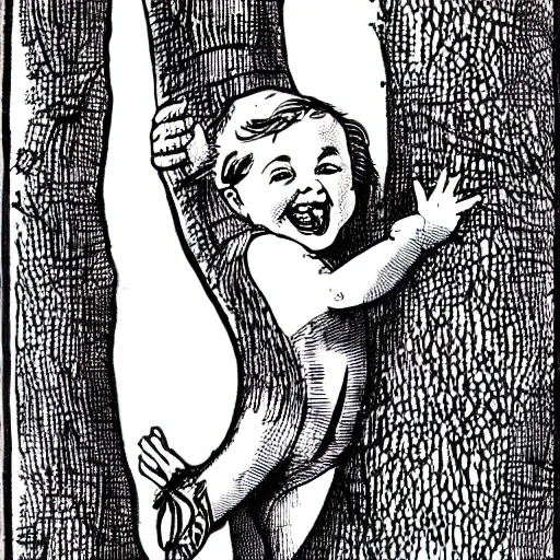 Image similar to baby crawling up a tree with a big grin on its face, in the style of vintage antique illustration and line drawing or engraving