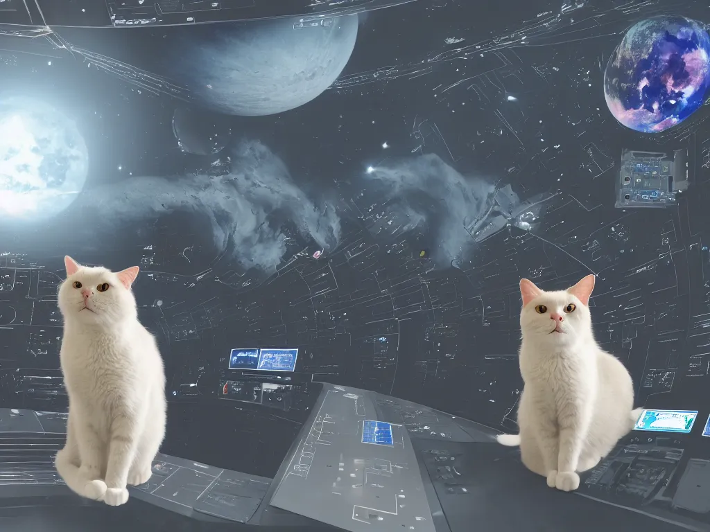 Prompt: a cat sitting in front of a large spaceship control panel, with a large window in front, outside the window is a big planet and moon