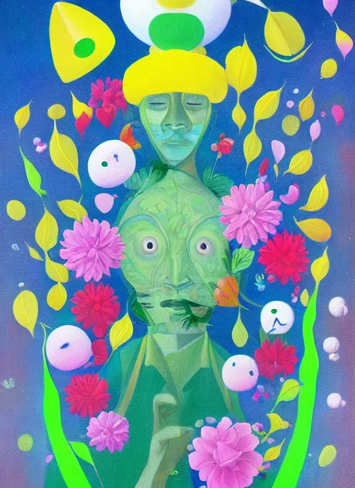 Image similar to a painting of a man with a strange hat on his head, a surrealist painting by Chiho Aoshima, behance contest winner, metaphysical painting, made of flowers, oil on canvas, detailed painting,