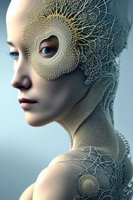 Image similar to intricate hyper detailed ultra sharp 3 d render of a beautiful porcelain biomechanical woman profile portrait, large pore fungi embroidered, cyberpunk art nouveau, haute couture alexander mcqueen leaves stems dahlia transparent fractal dandelion yellow pistil filigree roots, octane render, volumetric cinematic lighting, 8 k post - production