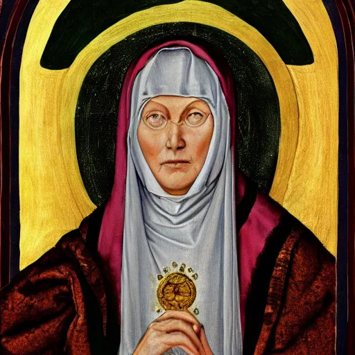 Prompt: A photograph of Hildegard Von Bingen by Juergen Teller, XF IQ4, 150MP, 50mm, f/1.4, ISO 200, 1/160s, natural light, Adobe Photoshop, Adobe Lightroom, DxO Photolab, Corel PaintShop Pro, rule of thirds