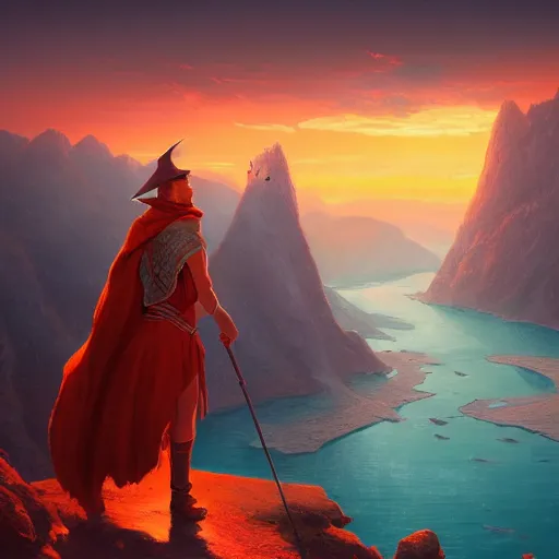 Prompt: A wizard overlooking the scenery from a cliff, sunset, red sky, beautiful mountains, sea, digital art, WLOP, CGSociety, fantasy art, Mandy Jurgens