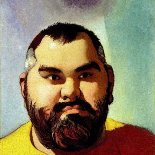 Prompt: portrait of a chubby bearded multi-ethnic young man, collared shirt, graying hair, glowing with silver light, painting by Franz Marc, by Jean-Léon Gérôme, by Winsor McCay, today's featured photograph, 16K