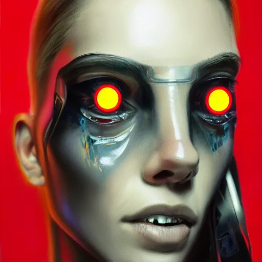 Image similar to hyperrealism oil painting portrait of cyberpunk cyborg fashion model with glowing eyes