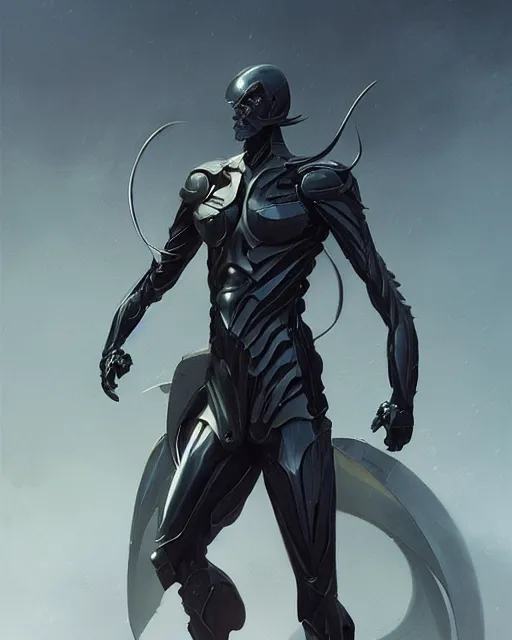 Prompt: wiry muscular male smooth sleek black pearlescent wraithbone sci - fi armor, by greg rutkowski and mark brookes and jim burns and tom bagshaw and magali villeneuve, trending on artstation