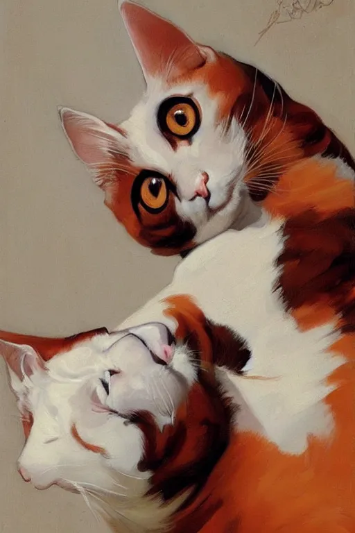 Prompt: stupid big nosed baby orange and white cat, painting by jc leyendecker!! phil hale!, angular, brush strokes, painterly, vintage, crisp