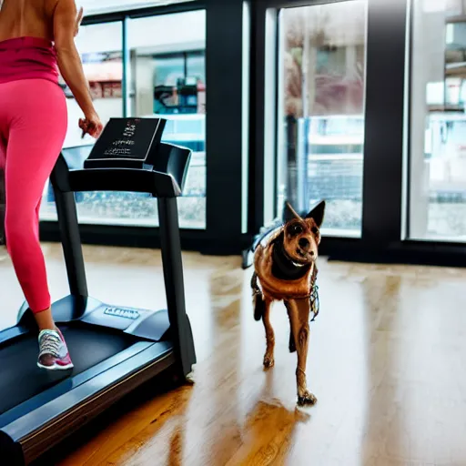 Image similar to A woman walking on a treadmill with her dog walking on a smaller treadmill next to her