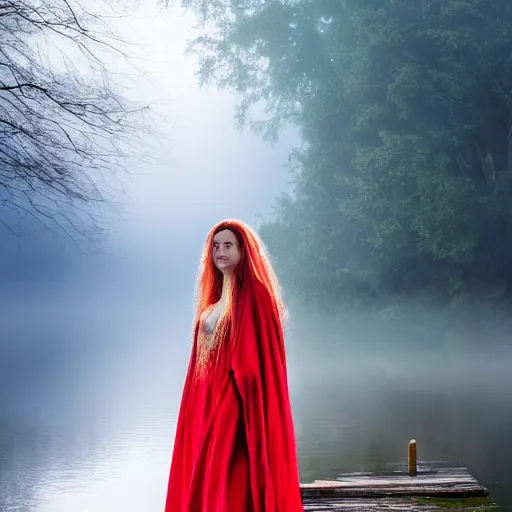 Image similar to a stunning painting of a beautiful lady with white long hair and dressed with a red victorian cloak, standing in a lake, mist, morning light, dreamy atmosphere, cinematic