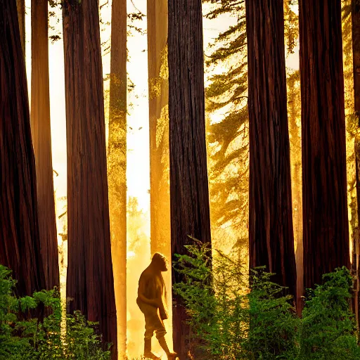 Image similar to bigfoot walking in the california redwoods, golden hour, award winning photography, 2 0 0 mm, f 2. 8, 8 k