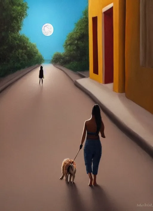 Image similar to young beautiful brown woman walking with her dog on Paseo Montejo in Merida Mexico at night with a full moon, illustration, photoreal, fantasy, trending. masterpiece work of art . oil on canvas. Digitally painted. Realistic. 3D. 8k. UHD.