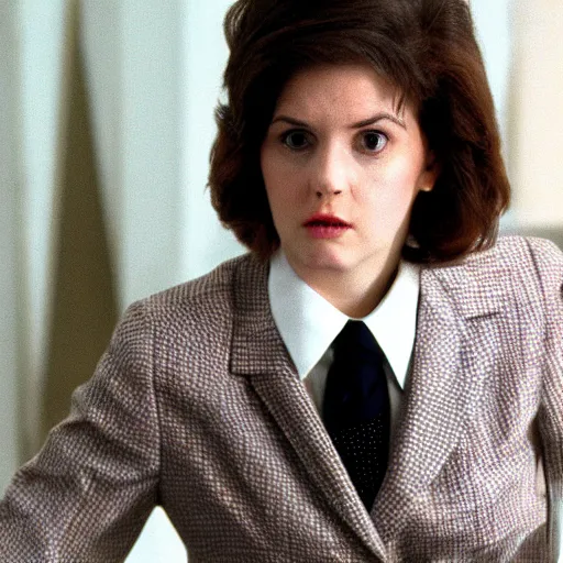 Prompt: actress megan mccarthy wearing a man's suit and tie in a 1 9 8 0 s office, frowning, close - up detailed digital photograph