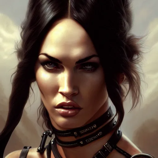 Prompt: portrait of megan fox, muscular upper body, slave collar, blindfold, bikini, fantasy, intricate, elegant, highly detailed, digital painting, artstation, concept art, matte, sharp focus, illustration, art by aenaluck and roberto ferri and greg rutkowski, epic fantasy, digital painting