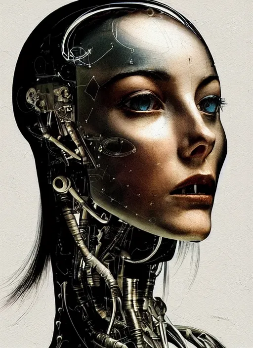 Image similar to a young beautiful female cyborg profile face, by h. r. giger, by ismail inceoglu, by kiki smith, glamor shot, vintage, closeup, f / 2. 8, low contrast, 1 6 k, rim lighting, cinematic lighting, insanely detailed and intricate, hypermaximalist, elegant, ornate, hyper realistic, super detailed