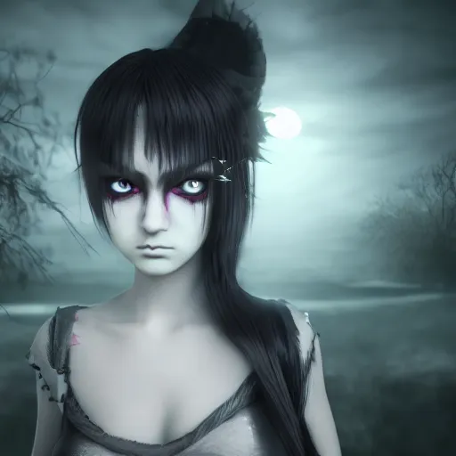 Image similar to full shot portrait of angry darkness anime girl at moonlight, gothic wearing, worrying eyes, inspired by Tim Burton, detailed, unreal engine 4k volumetric light, fog,