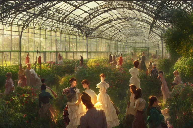 Image similar to an ornate victorian greenhouse, party in front, scene in an open field. 1 8 9 0, key visual, conceptart, ambient lighting, highly detailed, digital painting, artstation, concept art, sharp focus, by makoto shinkai and akihiko yoshida and greg manchess