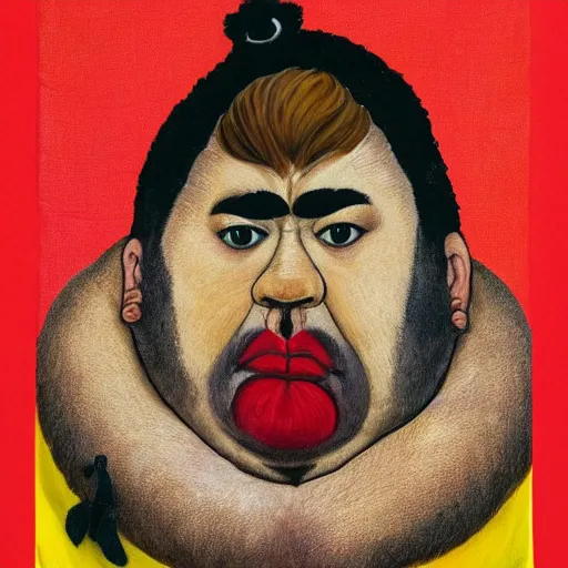 Image similar to portrait of a fat hairy wrestler with a dark furry jacket in the style of frida kahlo and robert rauschenberg