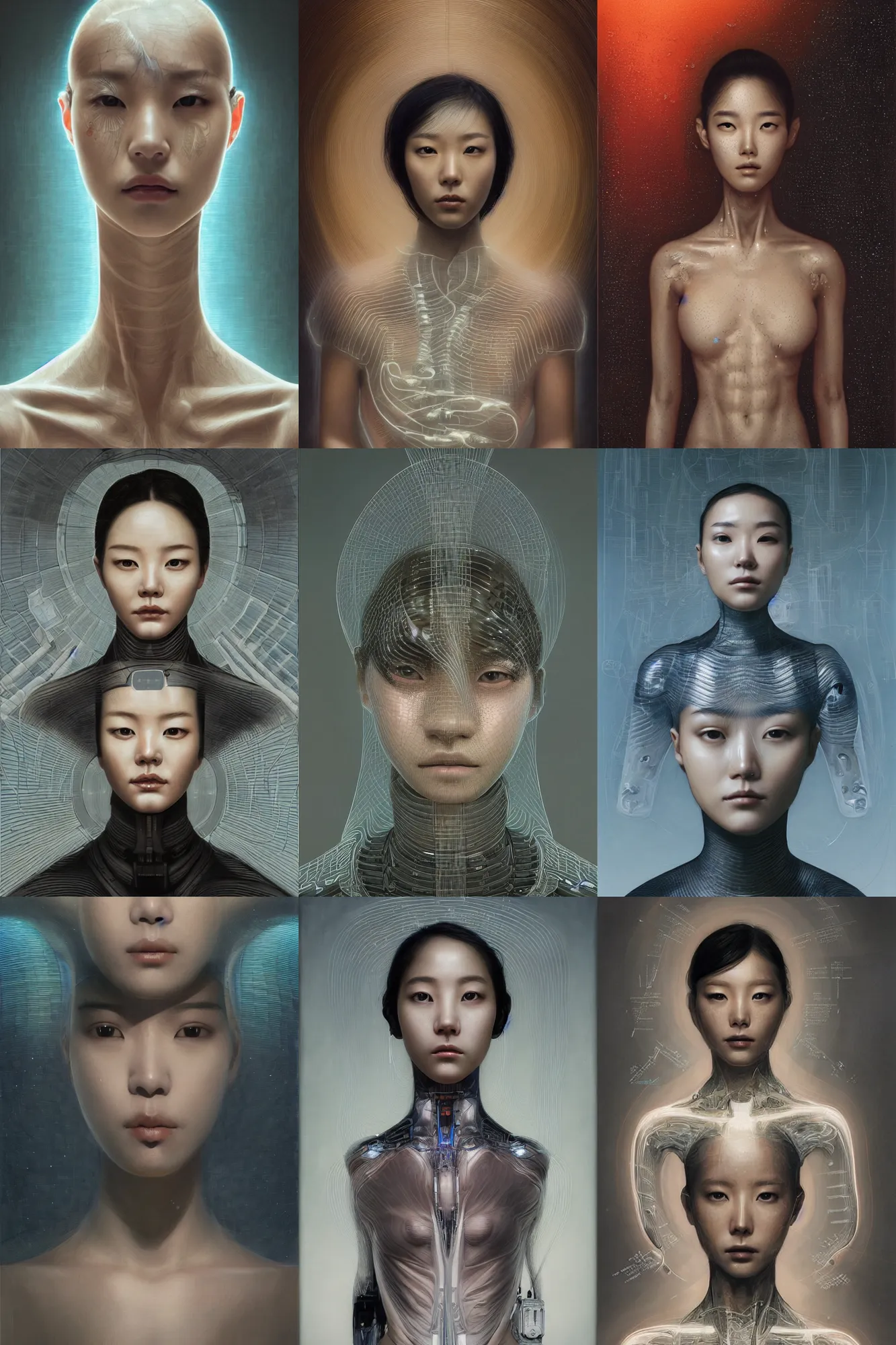 Prompt: portrait futuristic of hoyeon jung as airforce girl, inside future fighter, sci - fi, fantasy, intricate, very very beautiful, elegant, human anatomy, neon strip light, highly detailed, concept art, smooth, sharp focus, illustration, art by dino valls and nicola samori and james jean and ruan jia, seductive look, beautiful