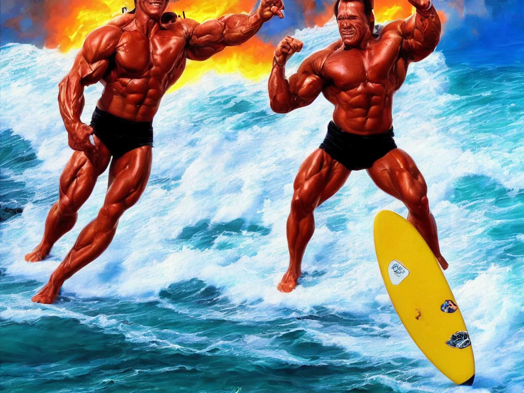 Image similar to detailed full body portrait of an arnold schwarzenegger surfing on lava wave by boris vallejo, fire lake, stunning scene, 8 k, digital painting, hyperrealism, bright colors, trending on artstation