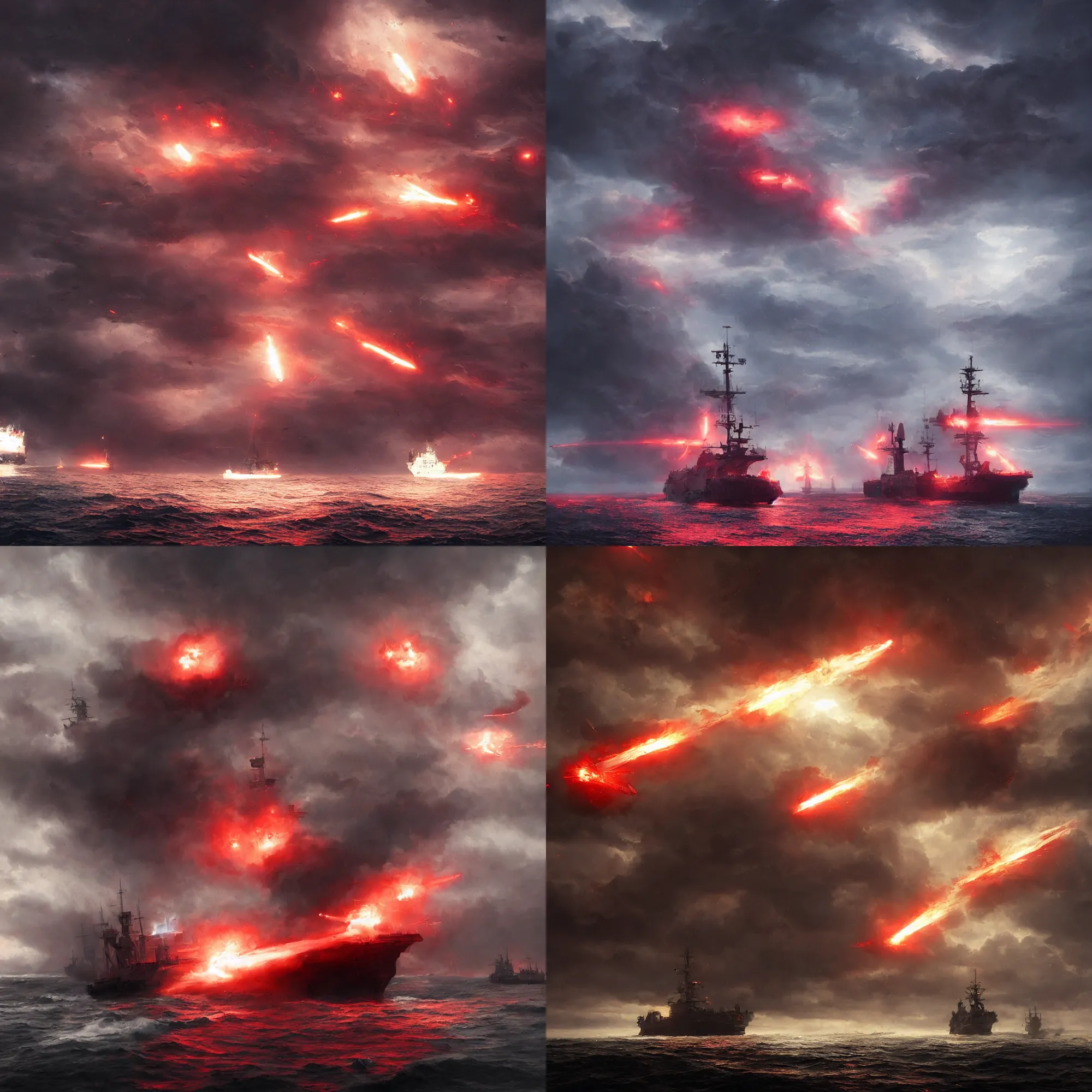 Prompt: 1 8 0 0 ship in big dark storm, red flare on back of ship, epic composition, 8 k, by greg rutkowski, beautiful cinematic light