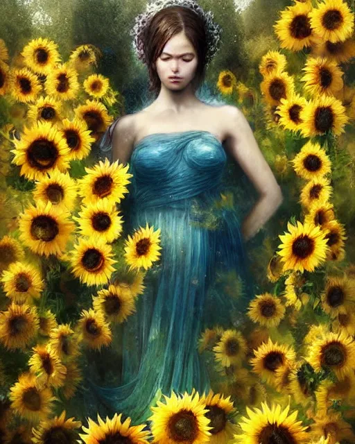 Image similar to Goddess of Summer, yellow-eyes!!!!!!!!!!, sunflowers, gorgeous portrait, intricate, elegant, volumetric lighting, scenery, digital painting, highly detailed, artstation, sharp focus, illustration, concept art, ruan jia, steve mccurry