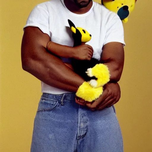 Image similar to Kanye West holding pikachu for a 1990s sitcom tv show, Studio Photograph, portrait C 12.0