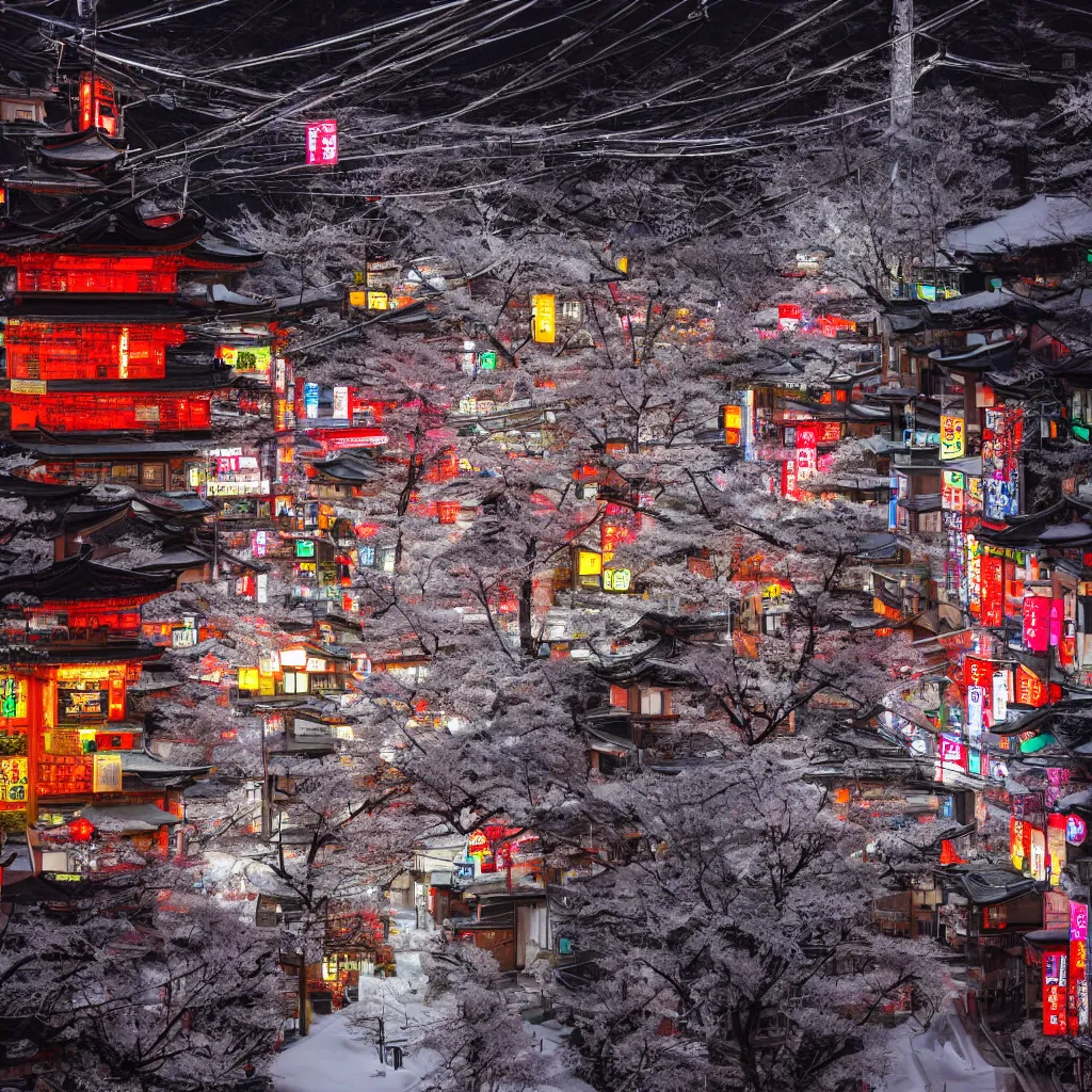 Prompt: a Japanese cyberpunk shrine, snowing, photograph,, sharp focus, intricate detail, drone shot, high resolution, 8k, neon streetlights, wires hanging down everywhere, Japan, colourful,,