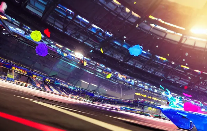 Prompt: wide angle shot of a futuristic racetrack from the attendee stands with confetti on a sunny day with a clear blue sky and big tv screens in the background showing the car race, cyberpunk, profile shot, digital painting, good value control, unreal engine 5, fourze, realistic textures, wipeout 2 0 4 8, f - zero