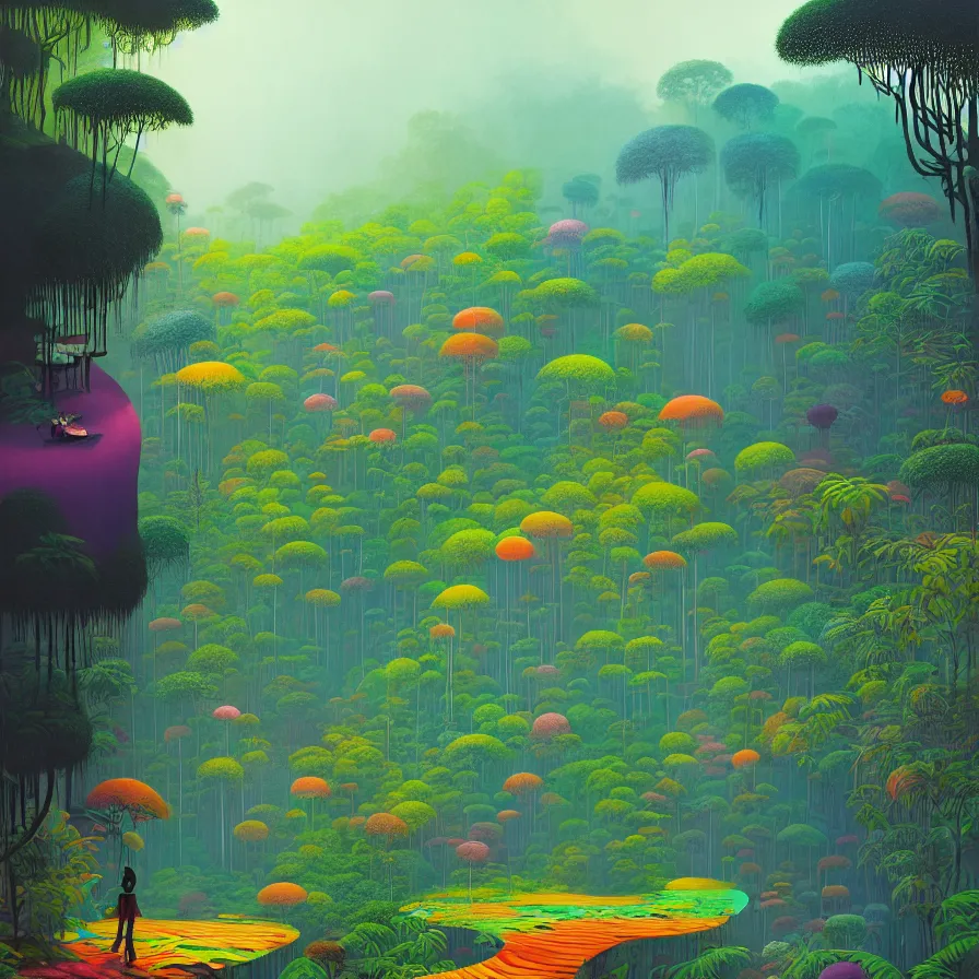 Prompt: surreal glimpse, malaysia jungle, summer morning, very coherent and colorful high contrast pastel art by gediminas pranckevicius james gilleard james gurney floralpunk screen printing woodblock, dark shadows, hard lighting, stippling dots,