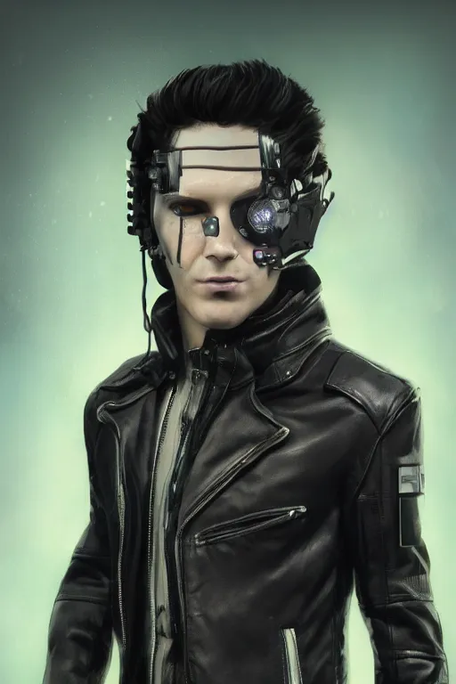 Image similar to head and shoulders render of man black leather jacket mid distance cyberpunk face ((single_glowing_red_eye red_emissives!)) android face mecha, inhuman creepy intimidating, exposed cable bundles black thick Tom Bagshaw and Greg Rutkowski and Alphonse Mucha Bladerunner 2049 screenshot artstation UE5 2066 trending 165mm