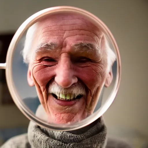 Image similar to a smiling old man seen through a kaleidoscope