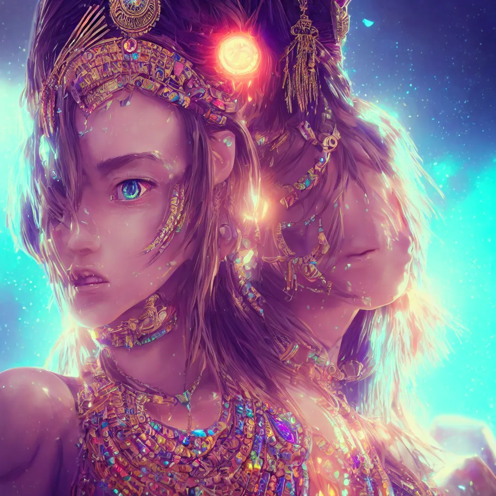 Image similar to portrait highly detailed beautiful symmetrical face high priestess intricate elegant detailed crystal jewellery with tribal feathers, lush colourful volumetric lighting, anime digital painting, concept art, smooth, sharp focus 3 d, divine realm of gods, realistic cinematic style, octane render, photographic, unreal engine 8 k