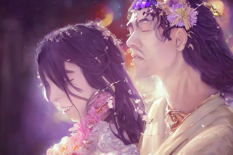 Image similar to a cinematic portrait of wedding photograph jpeg close up moment of a divine a japan sun god and moon goddess lovers magician at a wedding banquet. portraiture. digital painting. artstation. concept art. wedding photo. digital painting. violet evergarden art masterpiece by art by krenz cushart