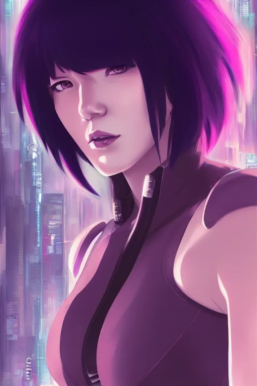 Image similar to a still fullbody portrait of motoko kusanagi ghost in the shell, finely detailed features, closeup at the faces, perfect art, at a cyberpunk city, gapmoe yandere grimdark, trending on pixiv fanbox, by ilya kuvshinov, rossdraws, artgerm