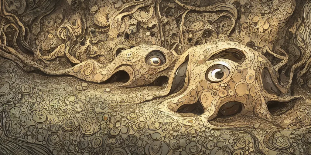 Image similar to of an intricate muddy water with strange cute friendly happy creatures with huge eyes, long tongue, round teeth and goofy funny face, appearing from the background, in the style of gehry and gaudi, macro lens, shallow depth of field, ultra detailed, digital painting, trending artstation, concept art, illustration, cinematic lighting, photorealism, epic, octane render