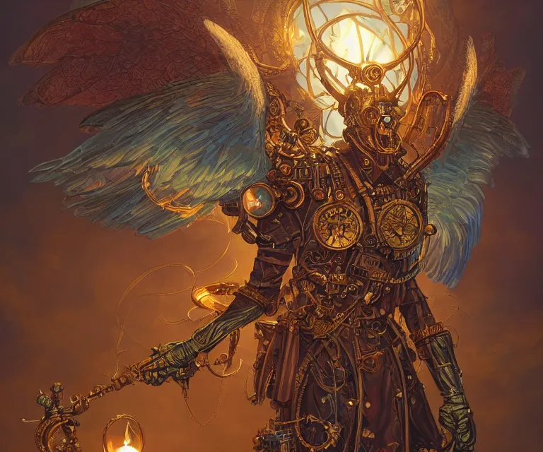 Prompt: a beautiful tarot card artwork of a steampunk seraphim, backlit, highly detailed, golden hour, digital painting, by eddie mendoza and greg rutkowski and dan mumford and artgerm, vivid colors, masterpiece, detailed shading, 8 k resolution, intricate, smooth