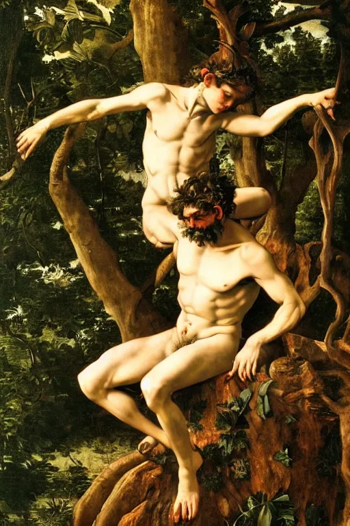 Image similar to a satyr sitting on a tree trunk in a forest, highly detailed and intricate, beautiful painting by Caravaggio