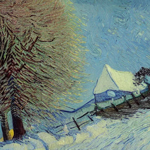 Image similar to beautiful oil painting, snowy snow storm, woodland meadow, log cabin, smoke billowing from chimney, evening, light from window, water stream, water wheel, oak trees, pine trees, rabbits, squirrel, fox, mild breeze wind, falling snow, snow on trees and ground, mountain in background, high detailed, abstract, by van gogh