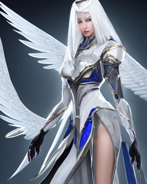 Image similar to perfect white haired attractive egyptian goddess with huge white dove wings, warframe armor, beautiful, symmetric, dreamy, half asian, pretty face, blue eyes, detailed, scifi platform, laboratory, experiment, 4 k, ultra realistic, epic lighting, android body, illuminated, cinematic, masterpiece, art by akihito tsukushi, voidstar