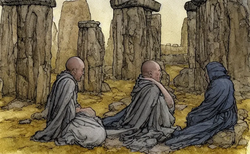 Image similar to a realistic and atmospheric watercolor fantasy concept art of giant monk in grey robes sitting in stonehenge. in the foreground a small female medieval monk in grey robes is kneeling with her hands by her sides. by rebecca guay, michael kaluta, charles vess